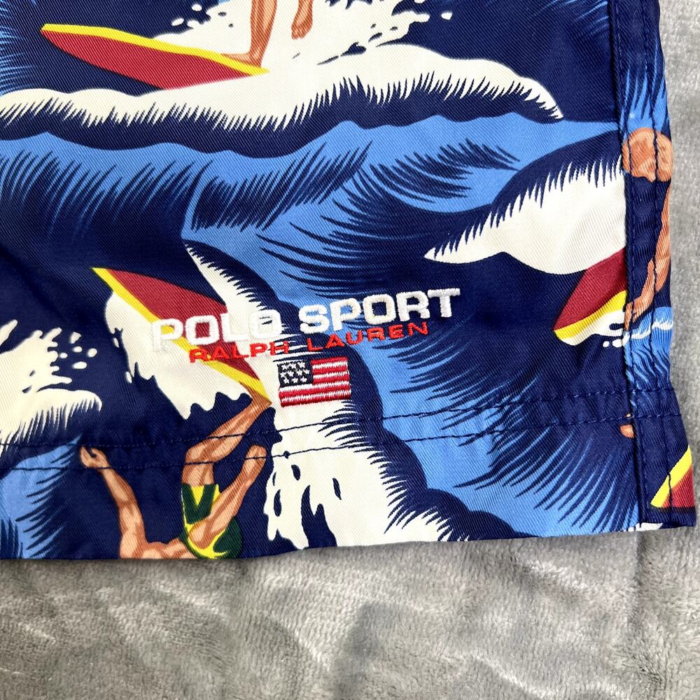 Polo Sport Ralph Lauren Swim Trunks Mens Size L Blue Allover Wave + Surfer Print - Picture 2 of 12